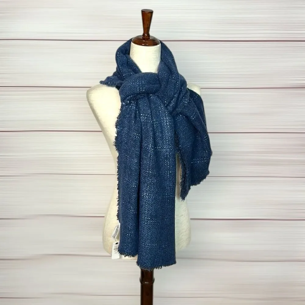 NWT Talbots Blue Wrap Scarf Metallic Windowpane Large Chunky New